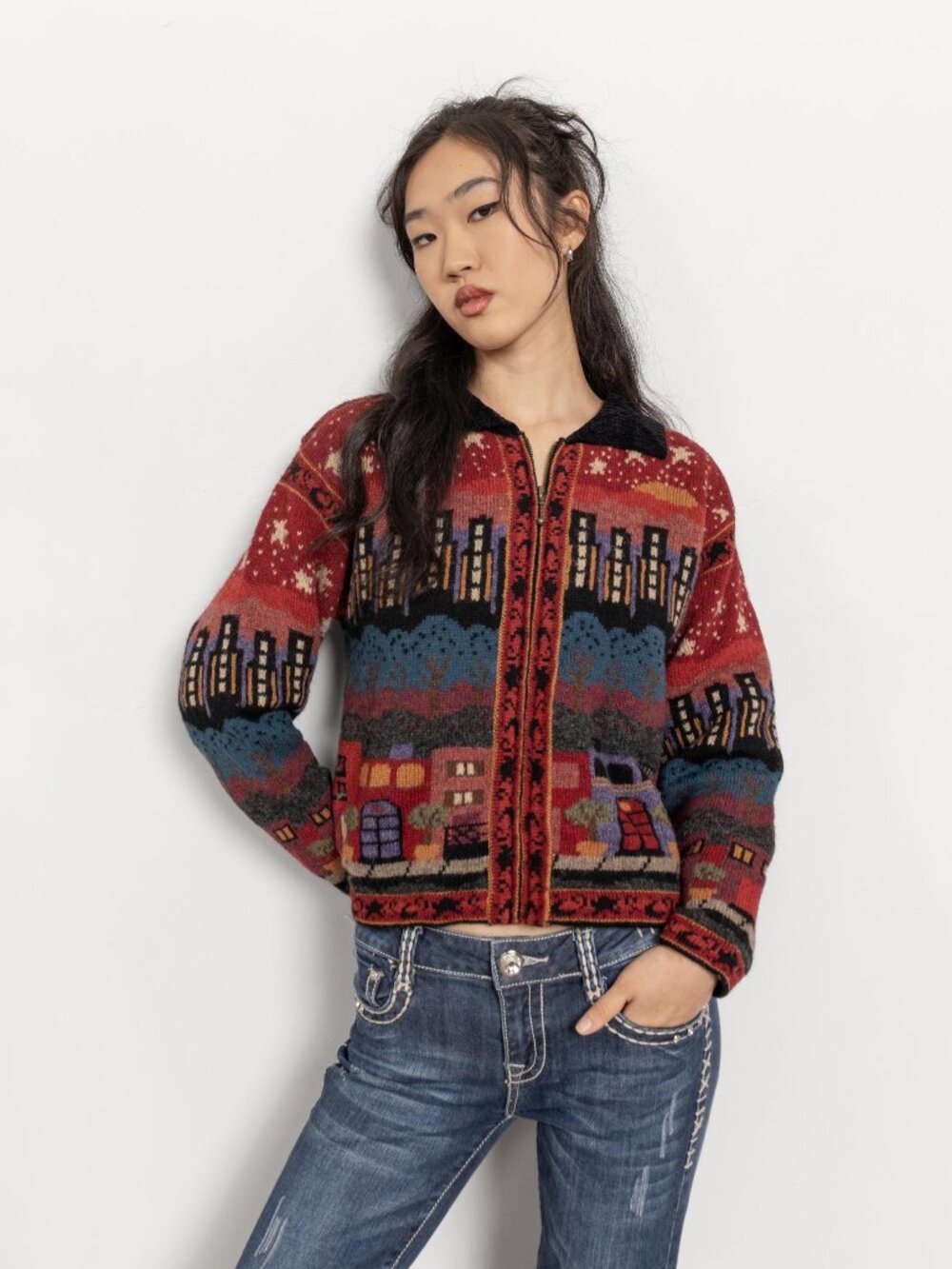 CITIES WOOL CARDIGAN Vintage Zip Up Collared Sweater / Small